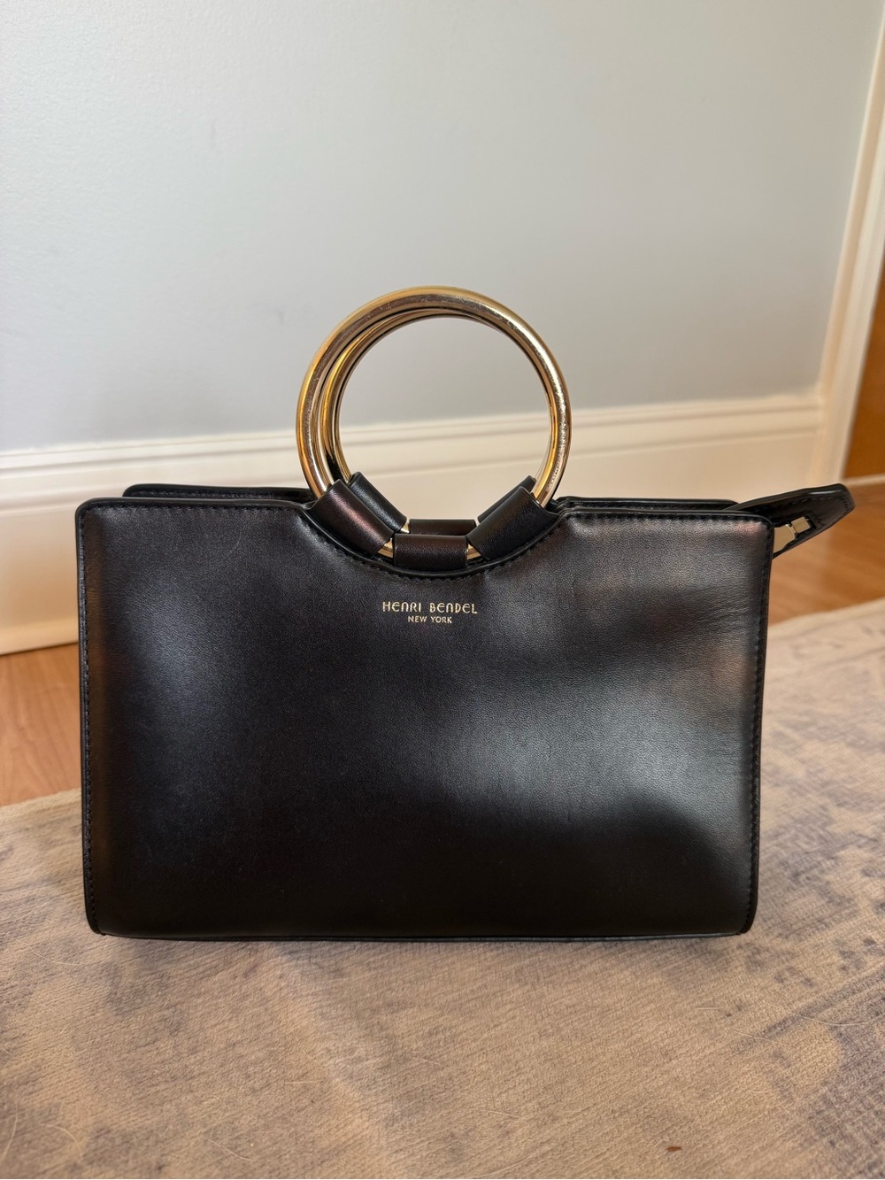 henri bendel Black Leather Mini Tote with Gold Ring Handles